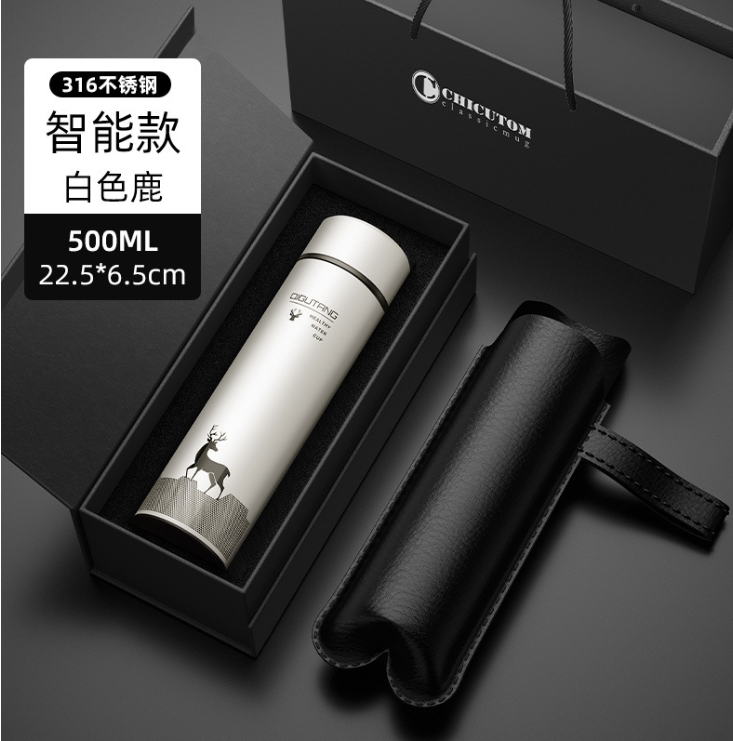 【2 Colors / 2 Packaging】 Smart Stainless Steel Vacuum Flask -As the deer 智能不锈钢保温杯-渴慕溪水 – White – gift box