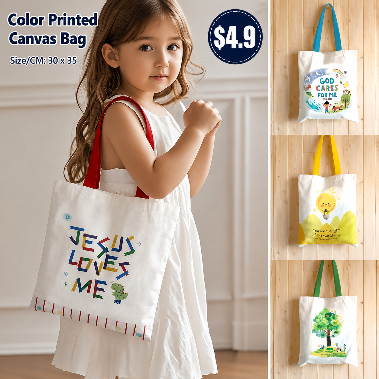 【4 Designs】Color Printed Canvas Bag 彩印帆布包 | God cares for me | You are the light of the world | Children bag