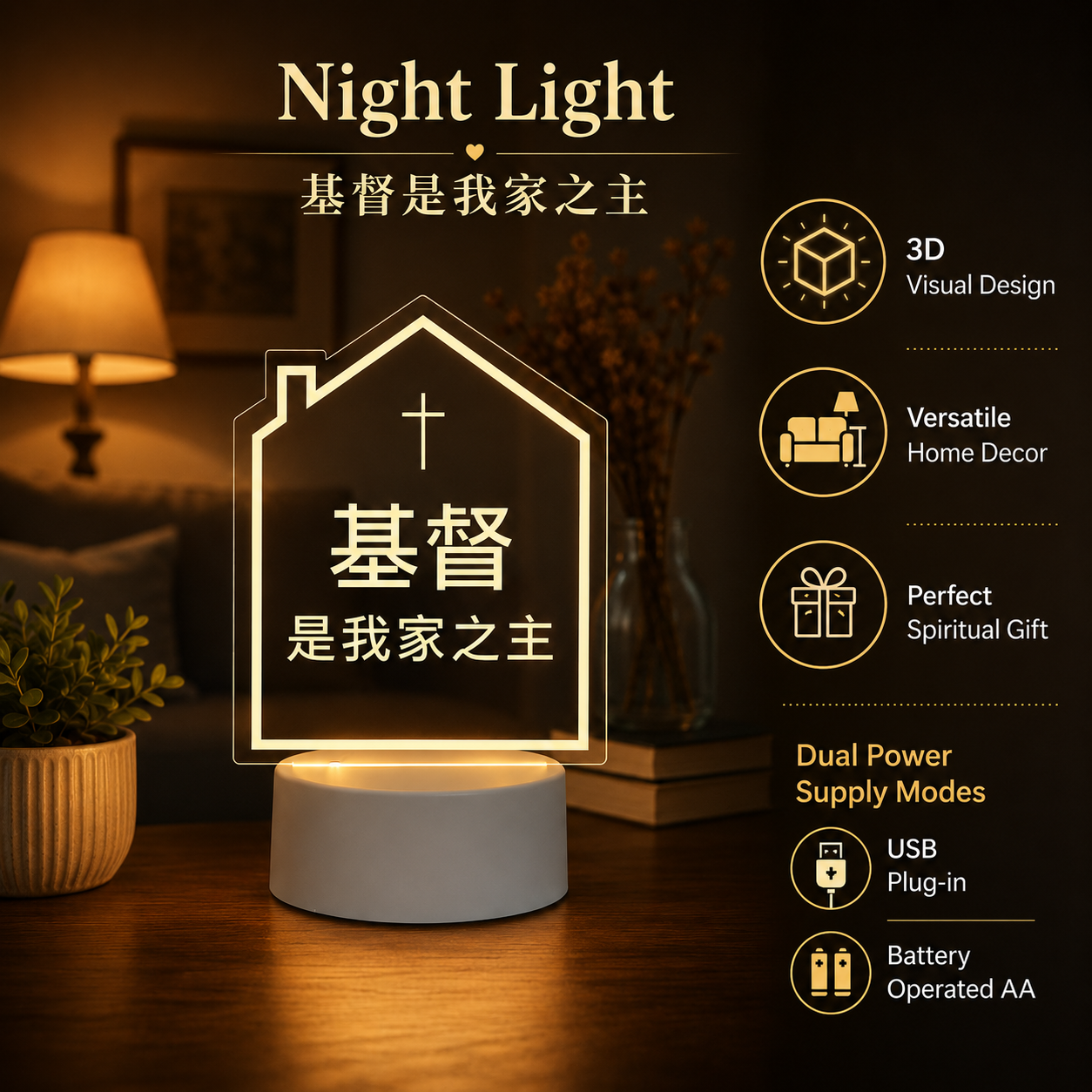 【CN】USB Acrylic Night Light – 基督是我家之主 Christ is the head of this house. （House）