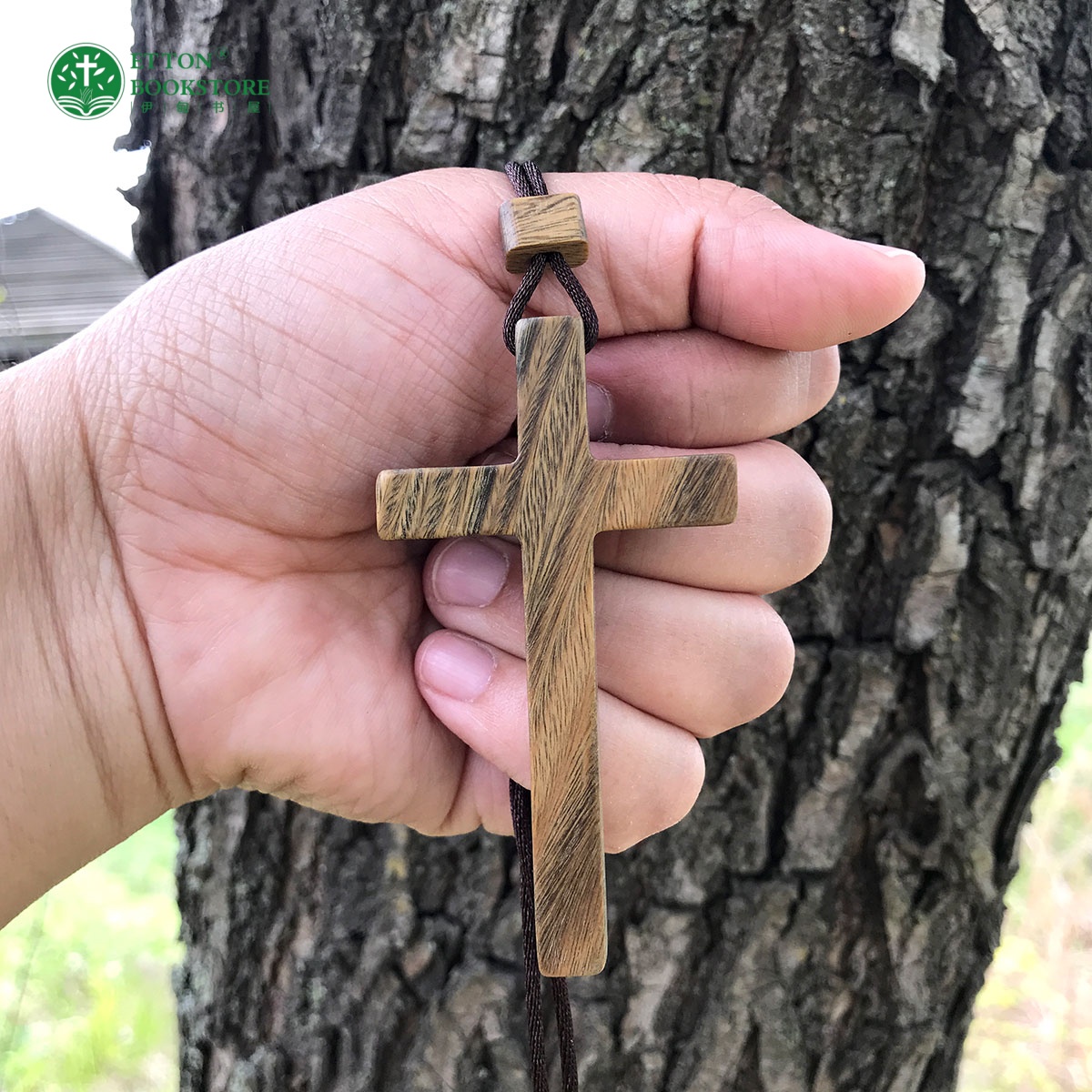 Wooden Cross Necklace – Initial Heart -Green Sandalwood YSJ71507 - Image 3