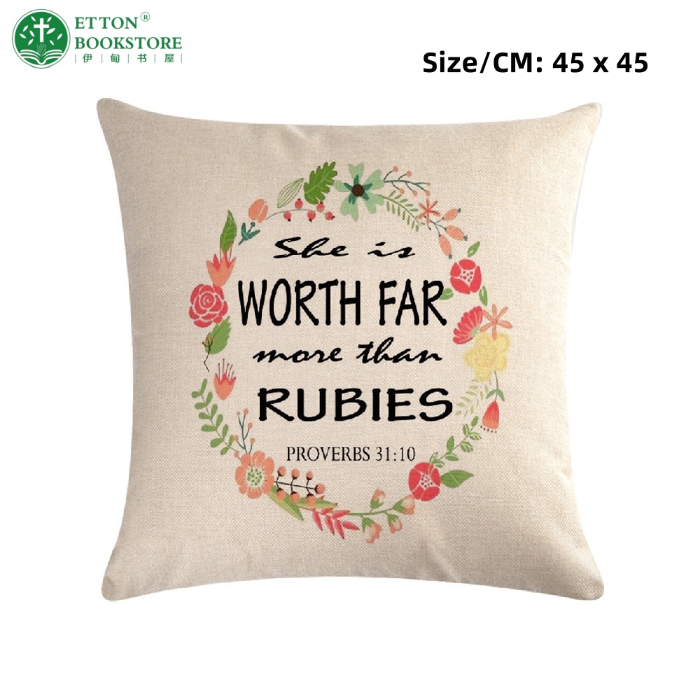 【Pre-order】45x45cm Linen Cushion Cover With Insert Set -She Is Worth Far More Than Rubies - Proverbs 31:10 - Image 3