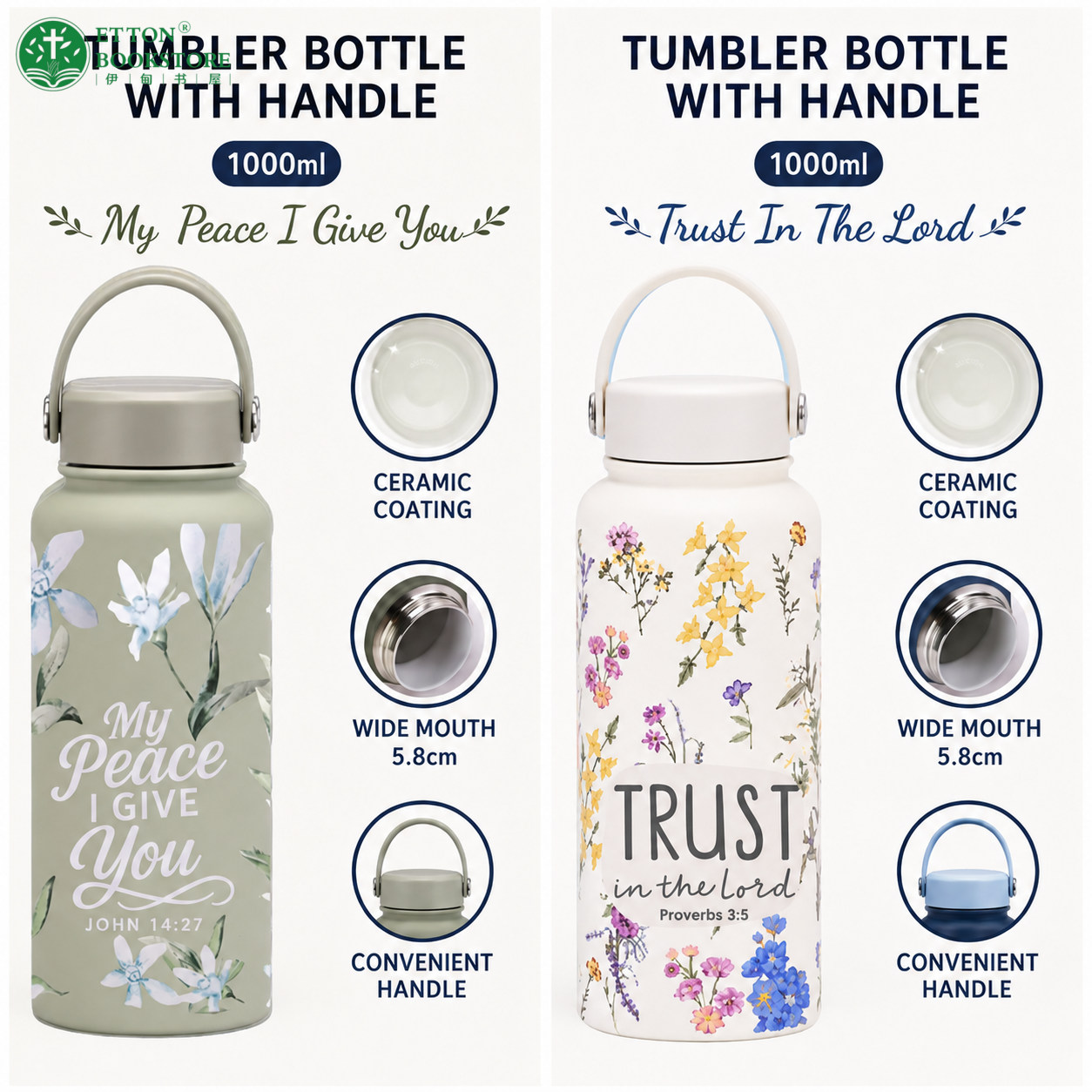 1 Liter Ceramic Coated Tumbler Bottle with Handle - My Peace I Give You. JOHN 14:27 手提陶瓷太空杯 - Image 4